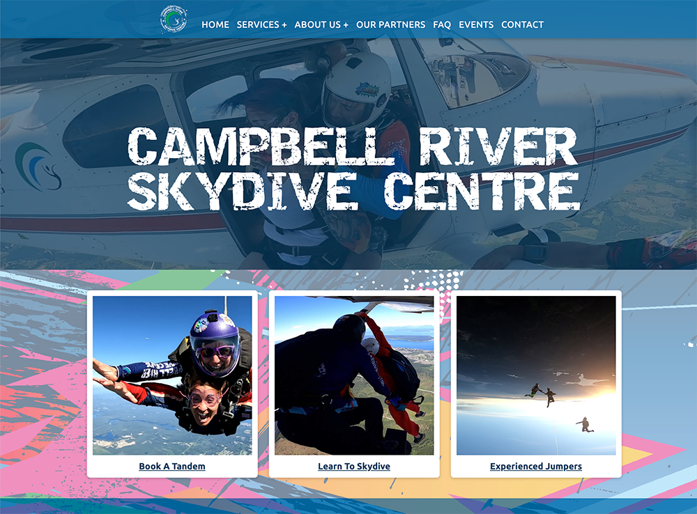 Custom web design homepage design mockup for Campbell River Skydive Centre featuring skydiving imagery and service cards.