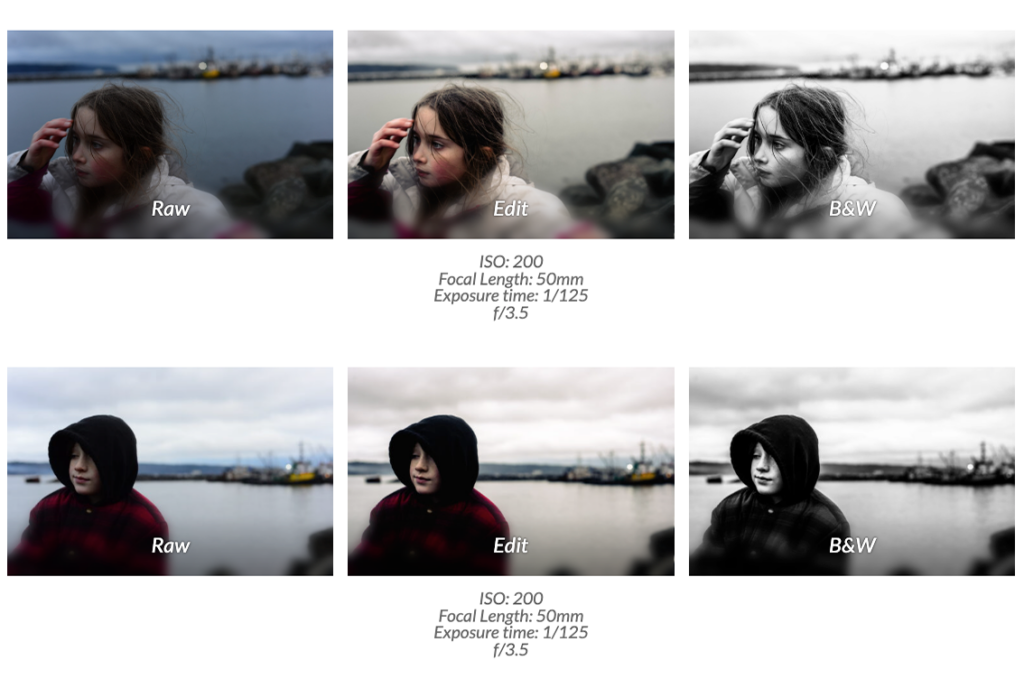 Photo editing comparison showing raw, edited, and black and white portrait versions