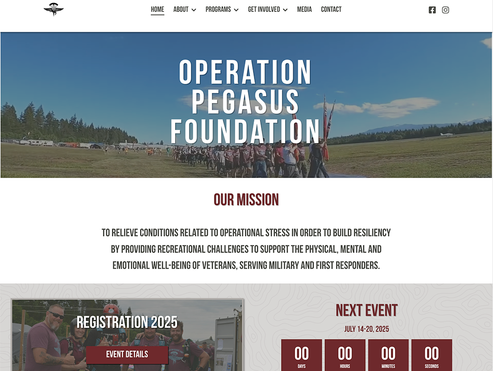 Creative web services for Operation Pegasus foundation website homepage showcasing a next event countdown and imagery from the event.