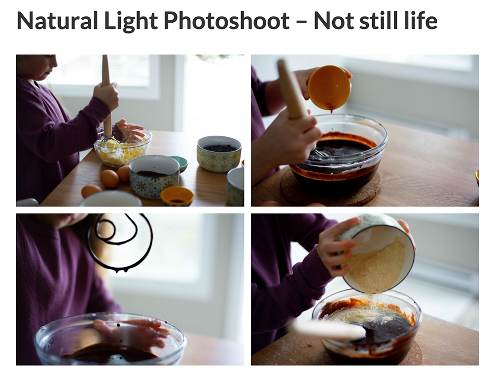 Natural light lifestyle photography of a child mixing ingredients while baking. Part of our Creative web services.
